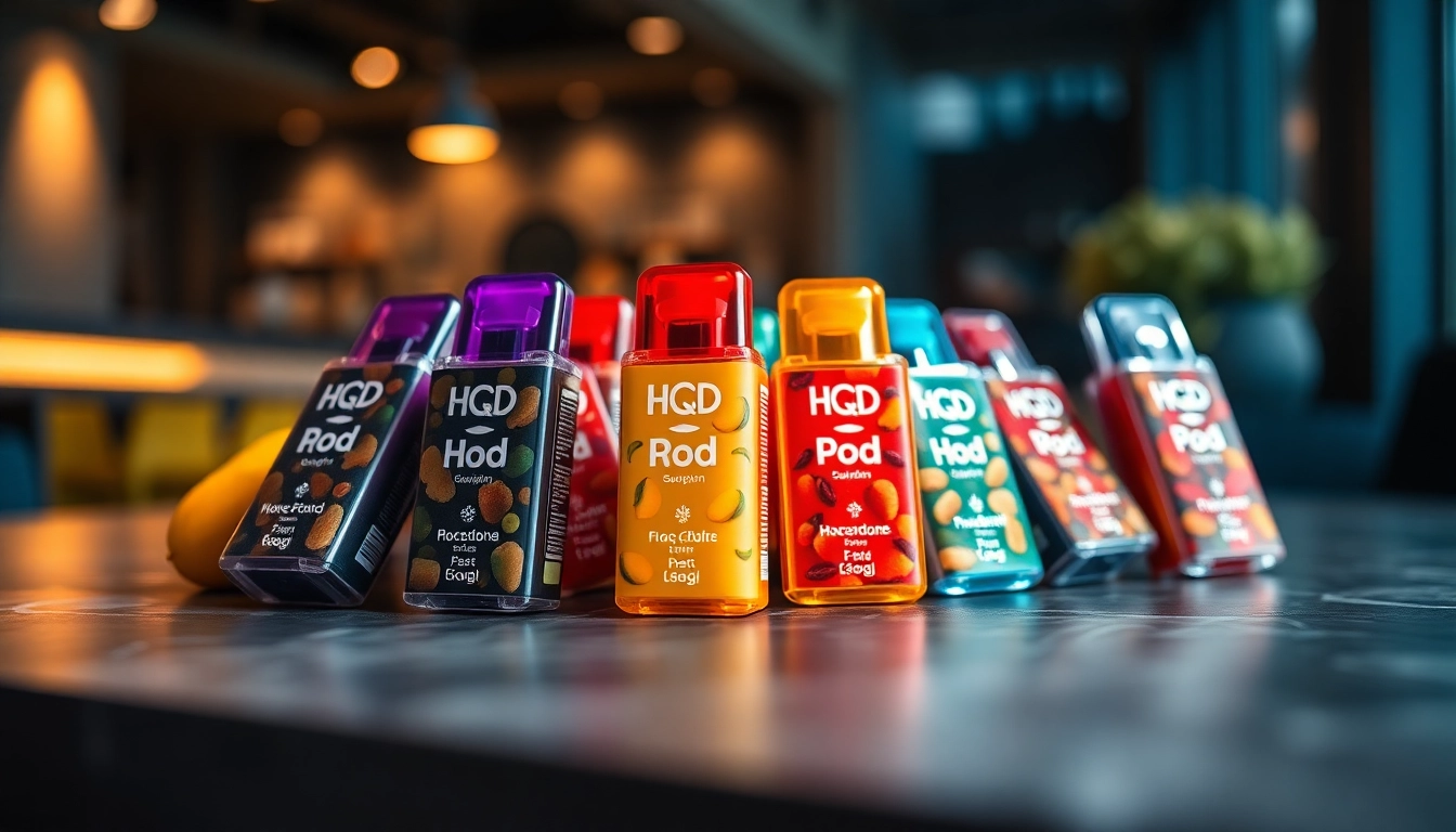 Showcase of diverse Hqd Pods in vibrant flavors and colors on a stylish background.
